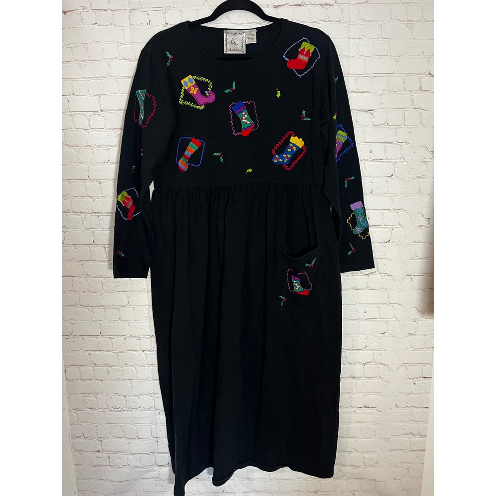 Michael Simon Vintage Black Cotton Embroidered Christmas Stocking Midi Dress L